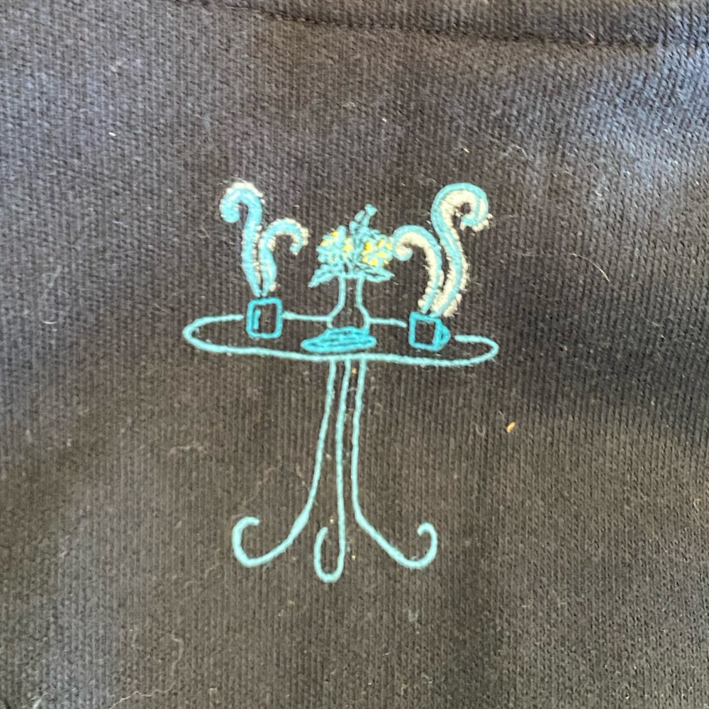 Breckenridge jacket. sidewalk café. Navy blue with cat design. Size small. - Picture 16 of 16